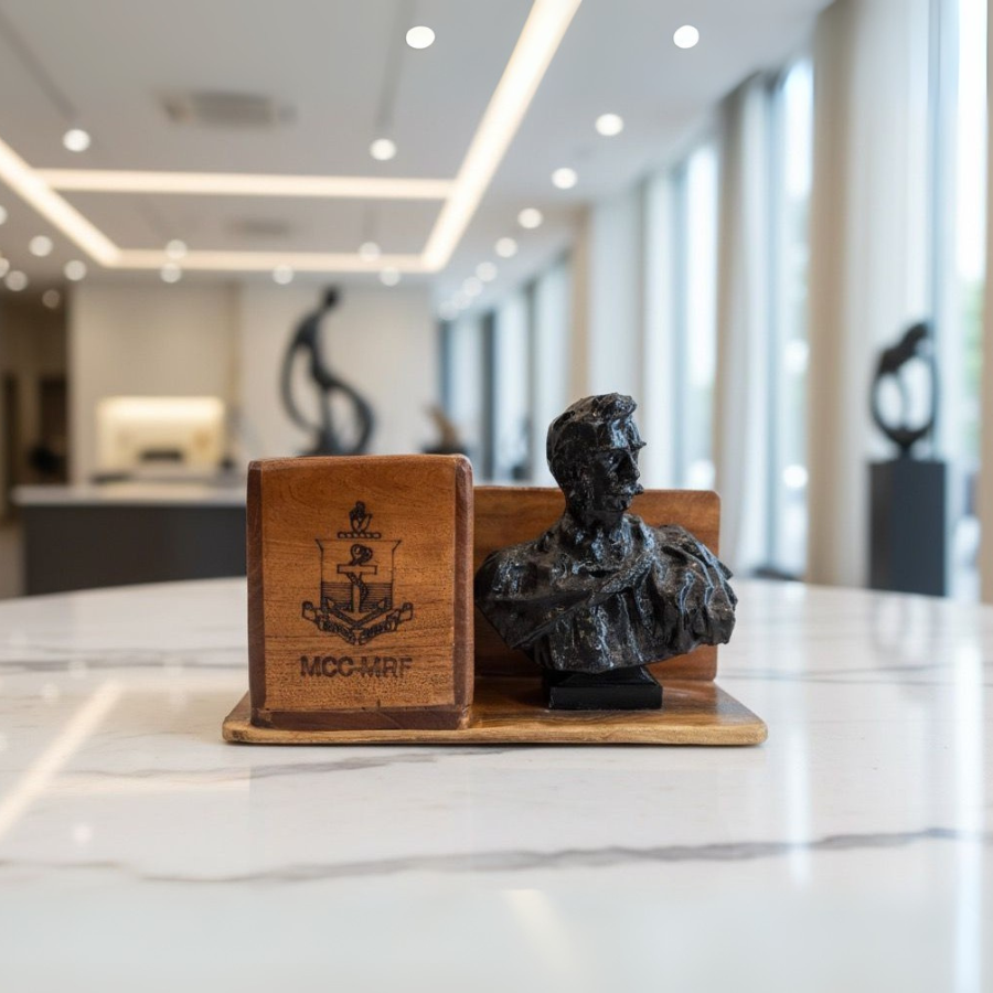 Handcrafted Wooden Desk Decor with Black Bust Sculpture